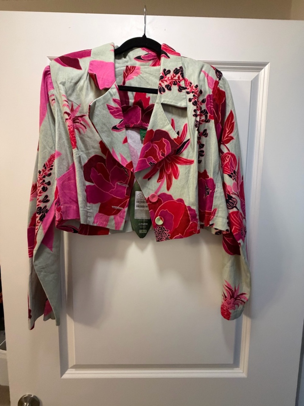 FARM Rio Cropped Floral Jacket in Mint, Pink & Red